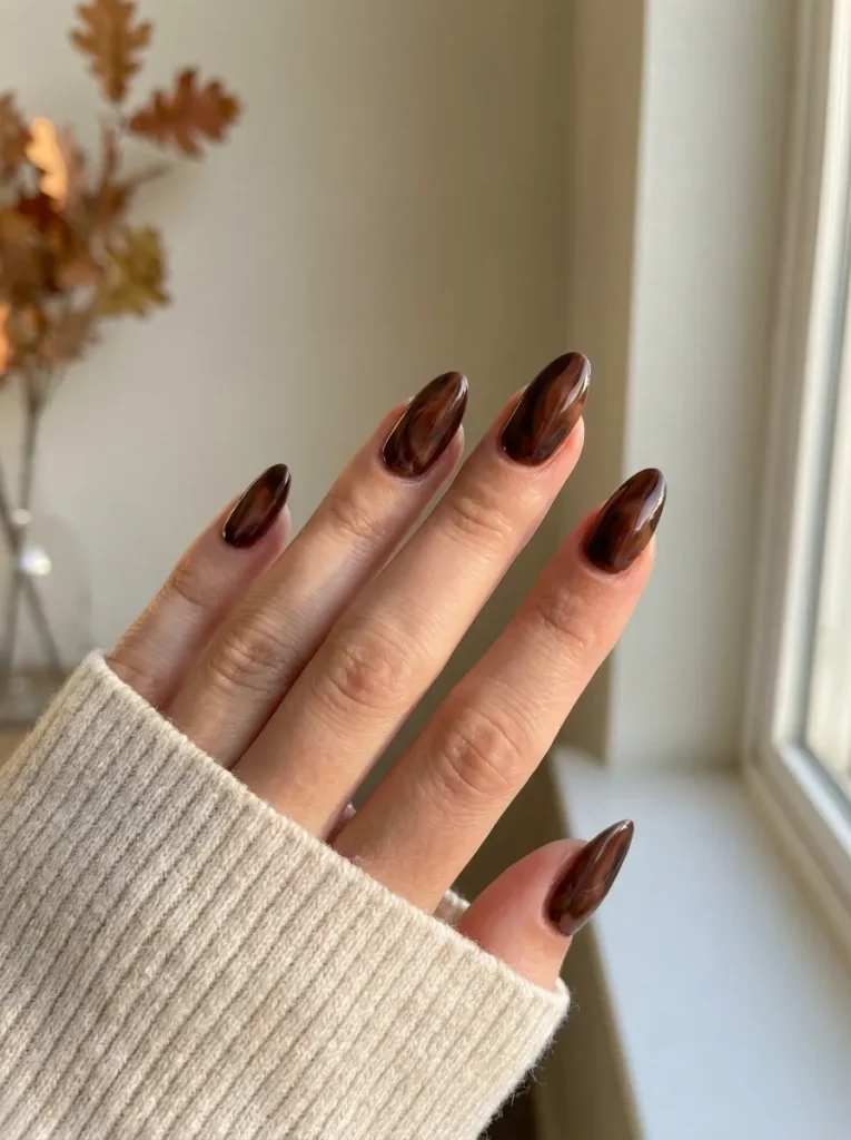 1. Chocolate Brown Fall Almond Nails