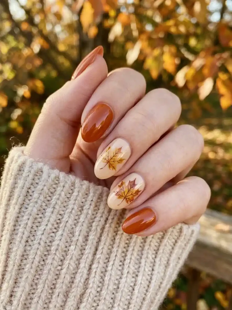 1. Burnt Orange Fall Leaf Nail Ideas