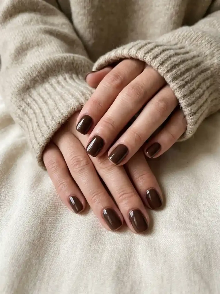 1. Glossy Chocolate Brown-late fall nail ideas