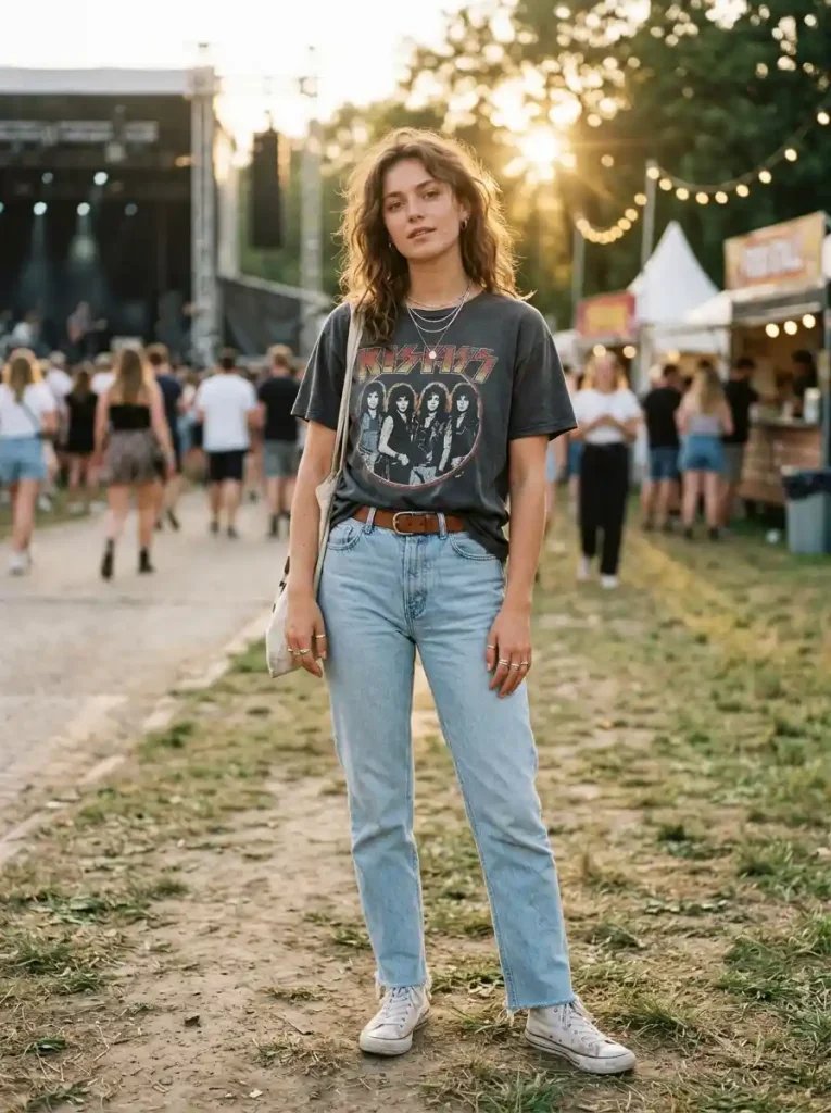 1. Vintage Band Tee and Straight-Leg Jeans-Lizzy Mcalpine concert outfit