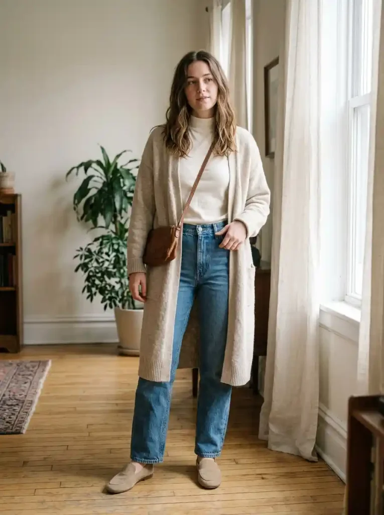 10. Long Cardigan and Straight-Leg Jeans