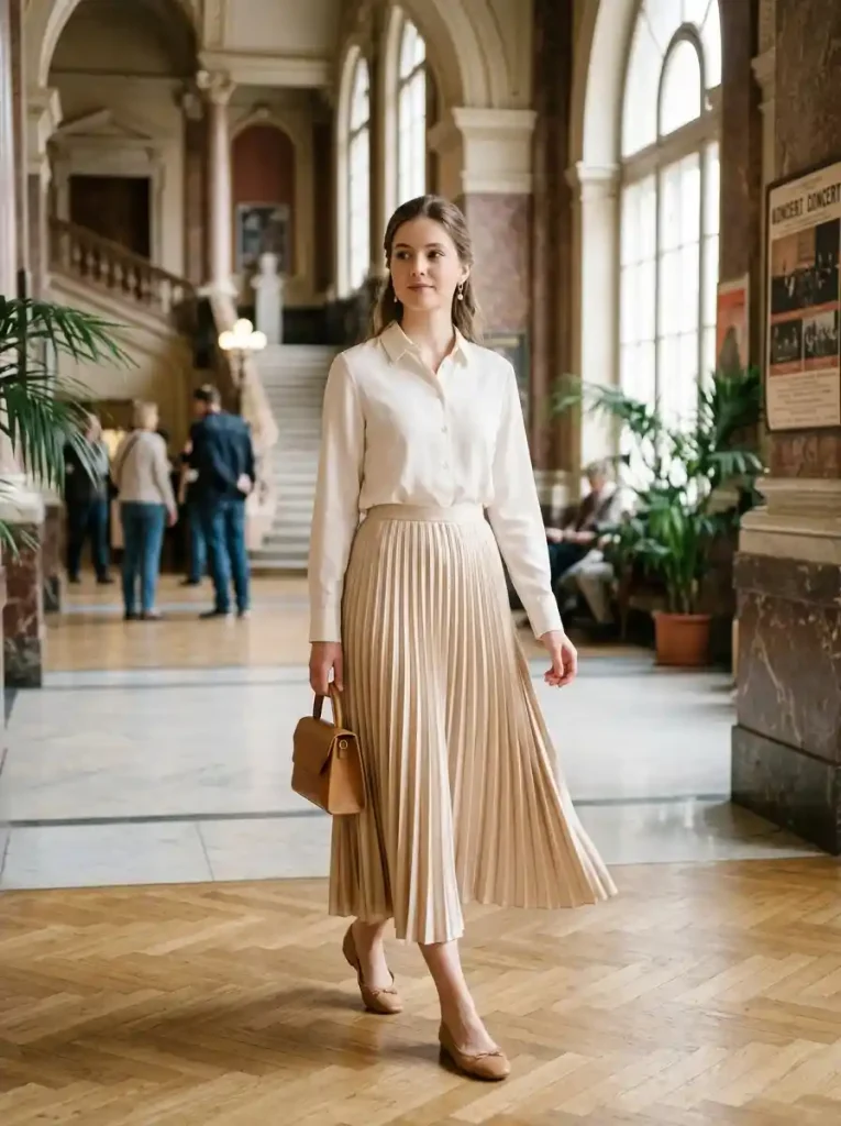 11. Pleated Midi Skirt and Button-Up Shirt
