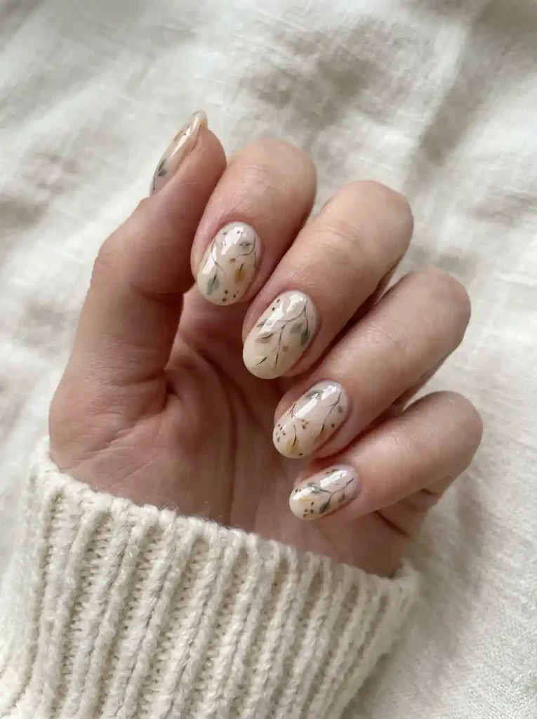 12. Delicate Birch Leaf Nails