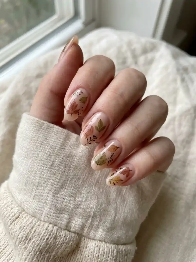 16. Pressed Flower Leaf Nails
