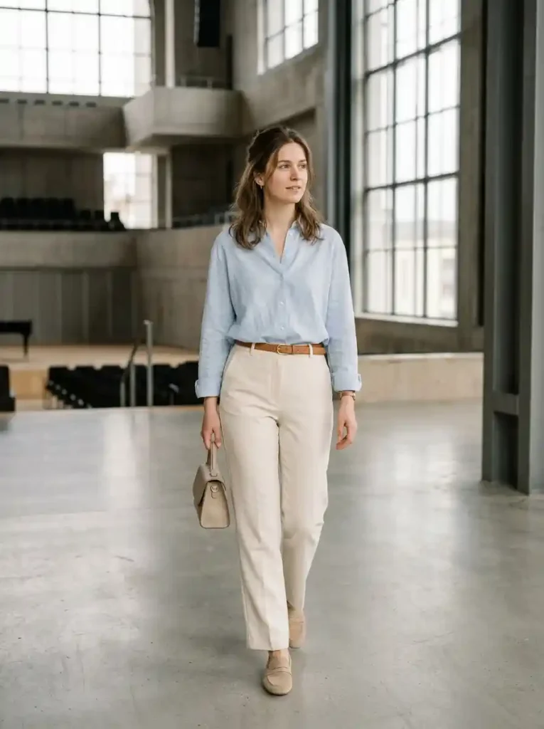 17. Soft Blue Shirt and Cream Trousers