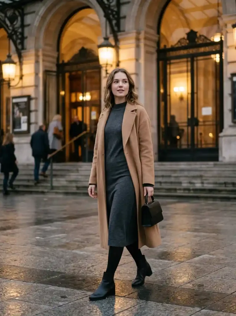 18. Knit Dress and Longline Coat-Lizzy Mcalpine concert outfit
