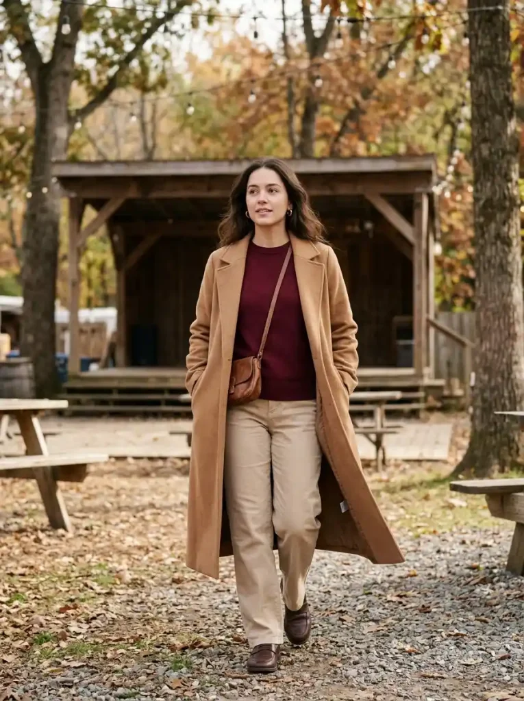 20. Burgundy Sweater and Beige Trousers