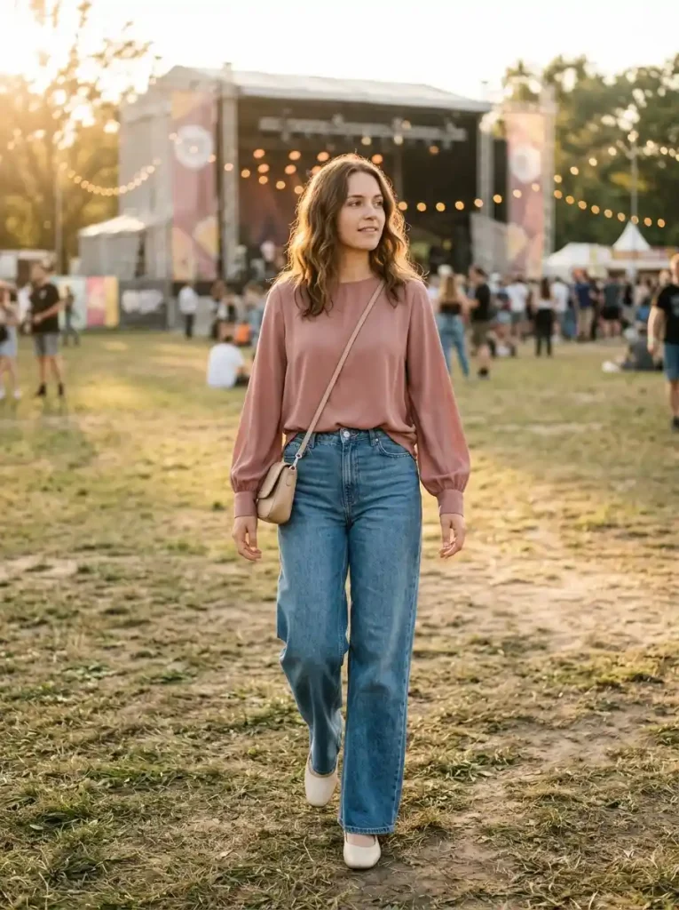 22. Dusty Rose Blouse and Wide-Leg Jeans