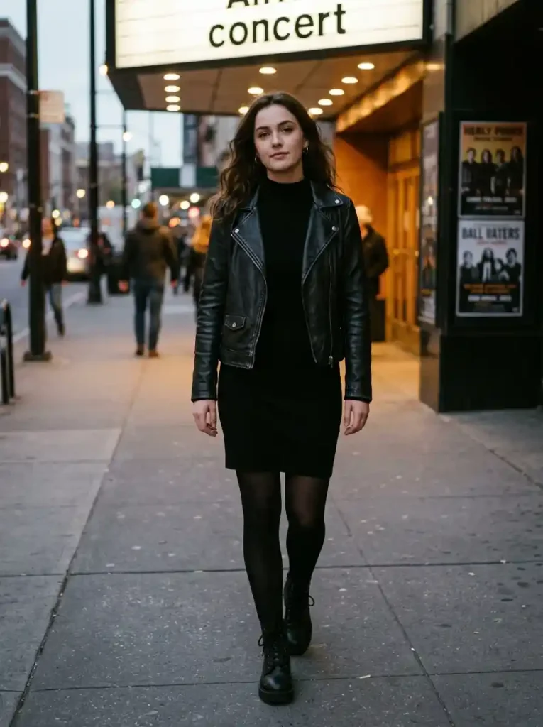 5. Black Mini Dress and Leather Jacket