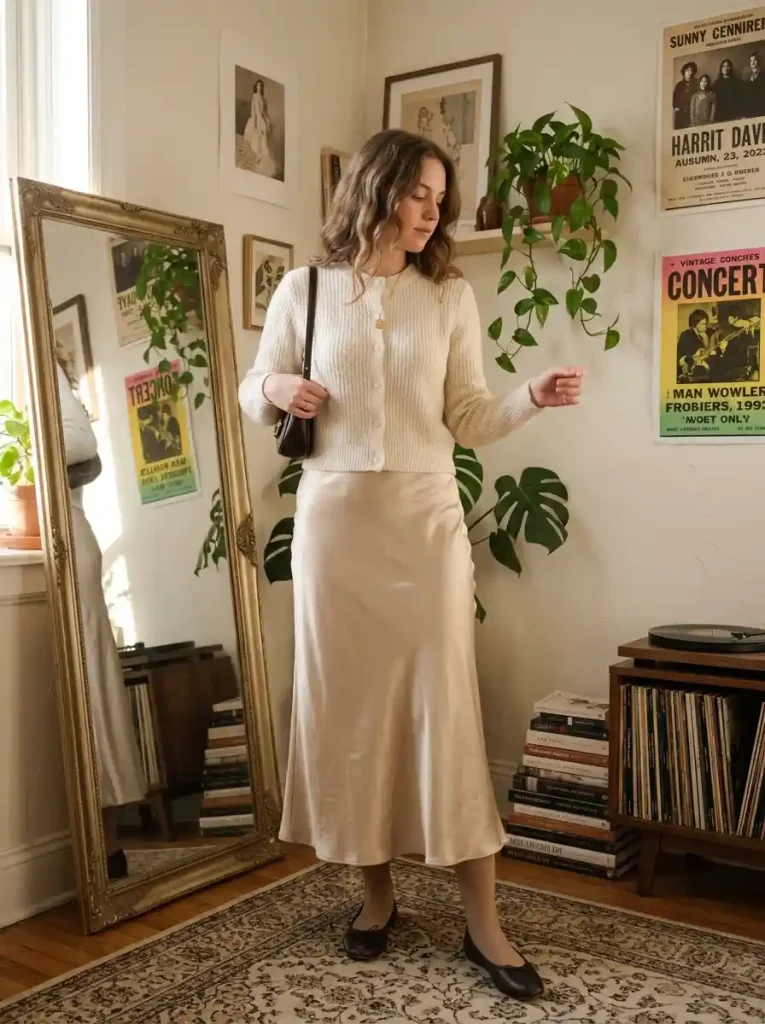6. Cream Cardigan and Slip Skirt