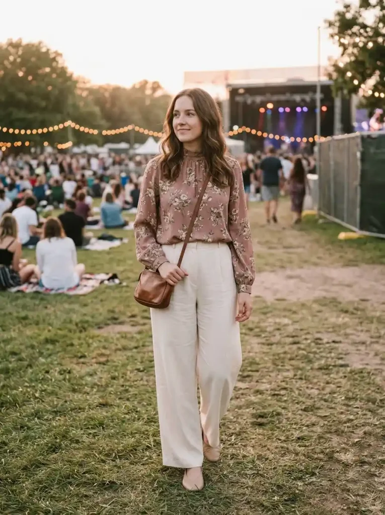 8. Floral Blouse and Wide-Leg Trousers