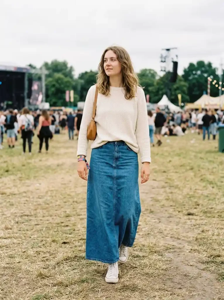 9. Long Denim Skirt and Knit Top